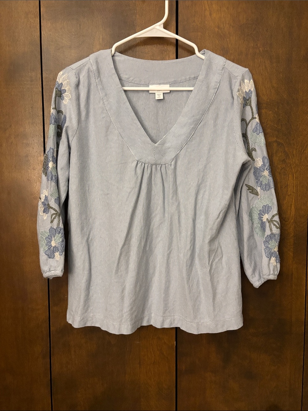 J. Jill Light Blue V-Neck Blouse with Embroidered Floral Sleeves